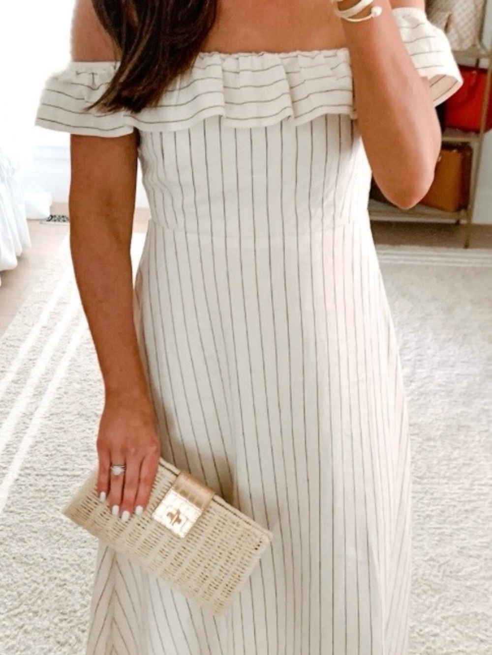 Off-Shoulder Pinstripe Midi Dress